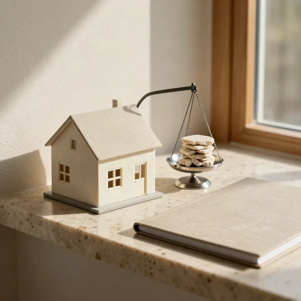 Hausmodell, Waage, Mappe und Steinchips im warmen Fensterlicht auf Travertin.