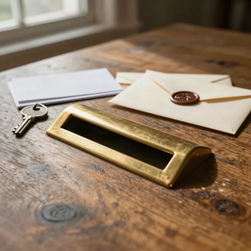 Brass-Mailboxschlitz mit Briefen und Hausschlüssel auf dunklem Holz, dramatisch beleuchtet.