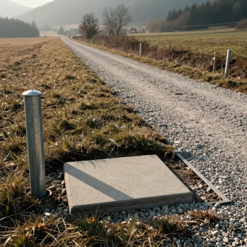 Projektfläche am Feldrand mit Leitungskorridor, Grenzpfosten und sauberem Vermessungseck im Dunst