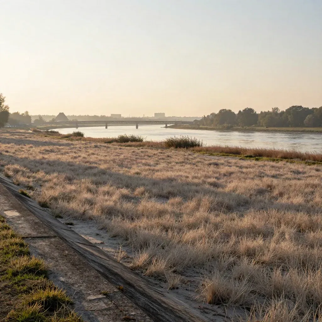Haze über dem Rhein-Ruhr-Flussbogen mit Brücken und Industriehorizont