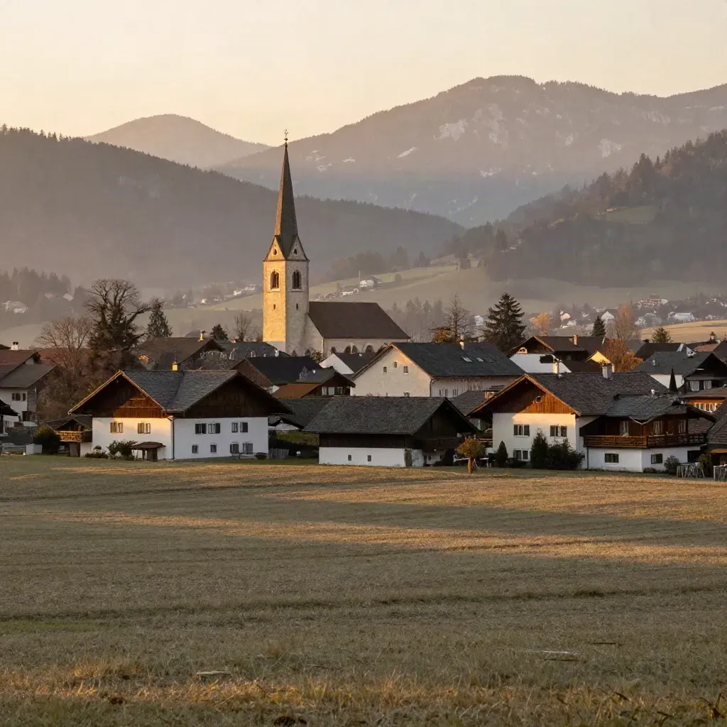 Bayerische Dorfkirche mit Spitzturm über goldenem Feld im Abendlicht
